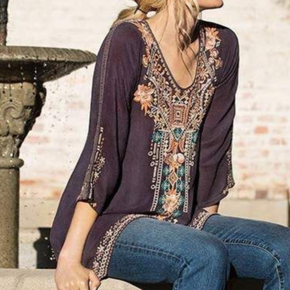 Johnny Was Heavily Embroidered Grey Peach Tunic Dress Size Small